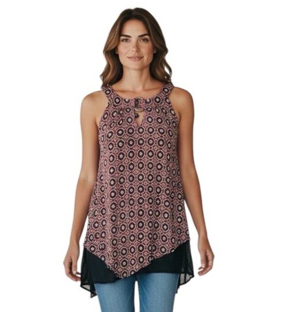 AB STUDIO SLEEVELESS FLOWY ASYMMETRICAL RUST Black Wooden Accent TOP SIZE SMALL